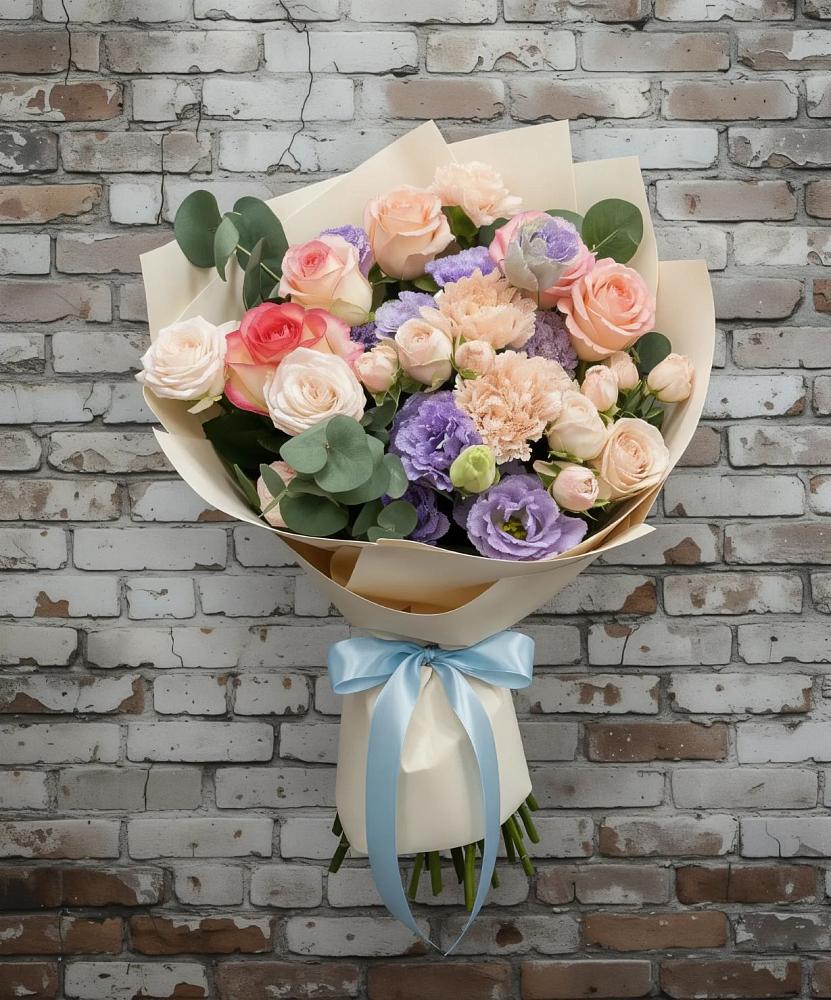 Букет цветов из: Розы, Лизиантусы и Гвоздики в Кривянской